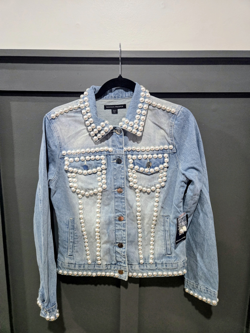 Boston Proper Light Blue Pearl-Embellished Denim Jacket, SZ Small New With Tags